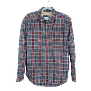 LL Bean Red Gray Scotch Plaid Sherpa Lined Flannel Shacket Slightly Fitted Med